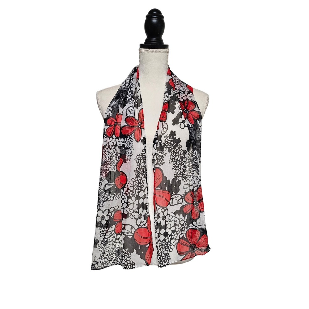 Cejon Silk Chiffon Black & Red Floral Sheer Scarf 57"x12" Artsy Whimsigoth